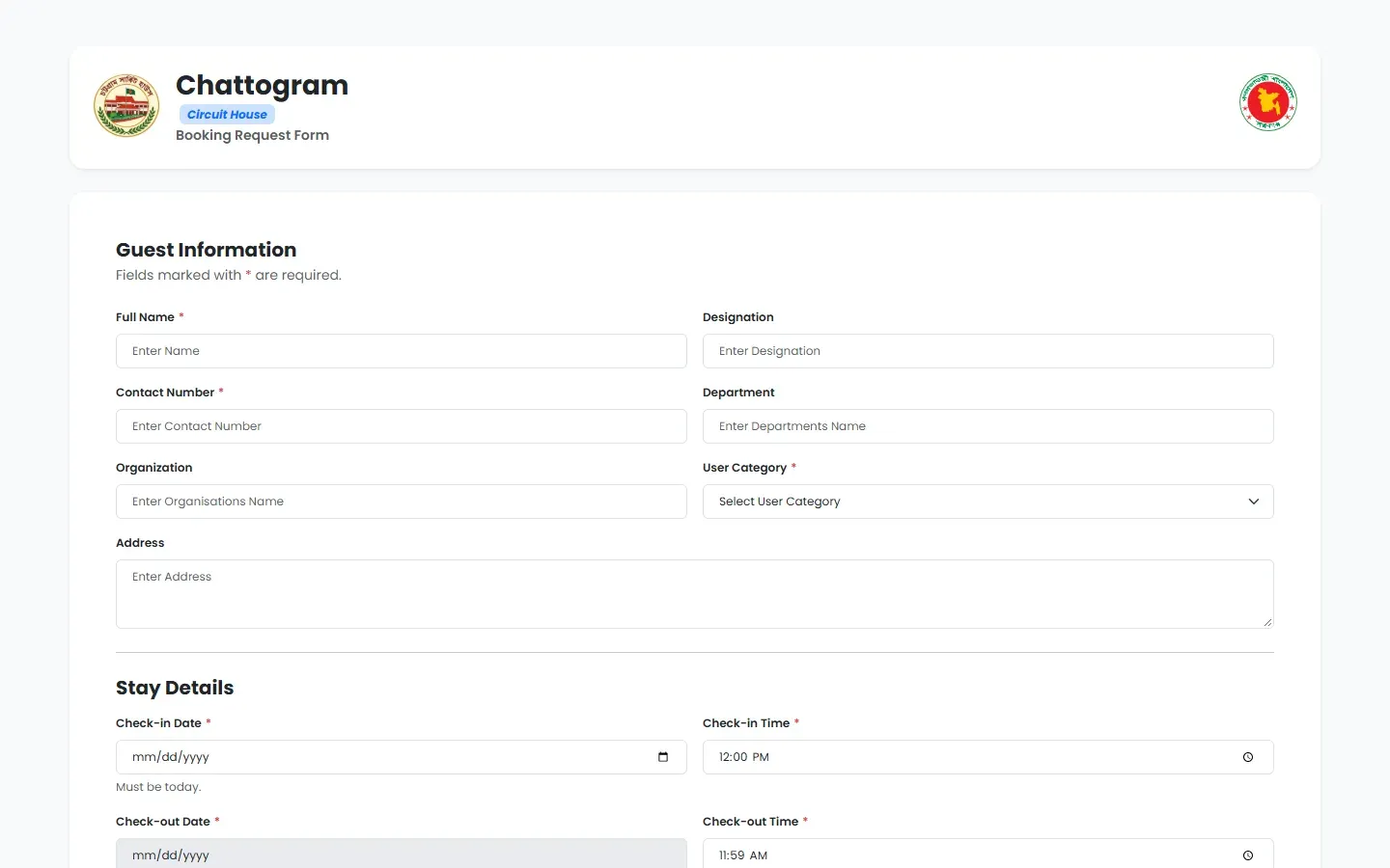 Screenshot of the Chattogram Circuit House Management System live site